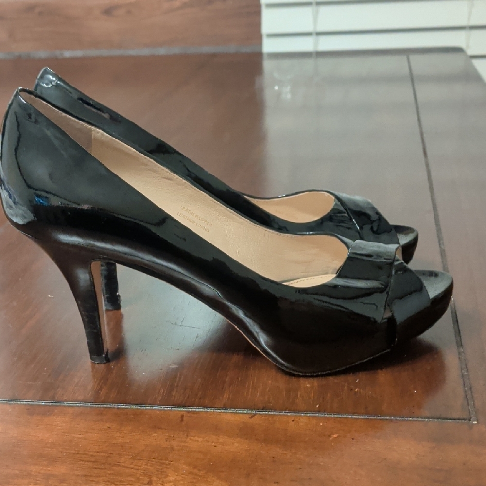 Via Spiga Glossy Black Peep Toe Heels